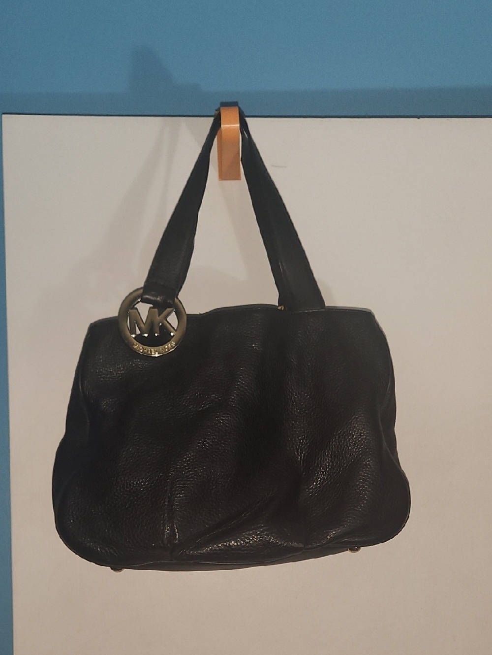 Michael Kors Black Leather Shoulder Bag with Gold MK Charm